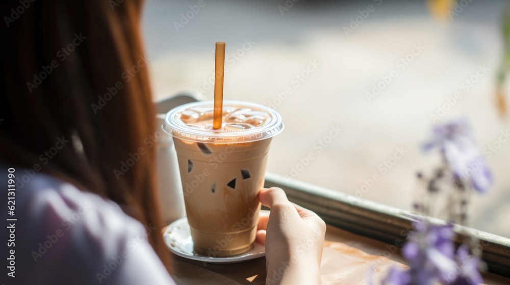 Happy woman holding cup of coffee sitting in cafe, Coffee break concept.