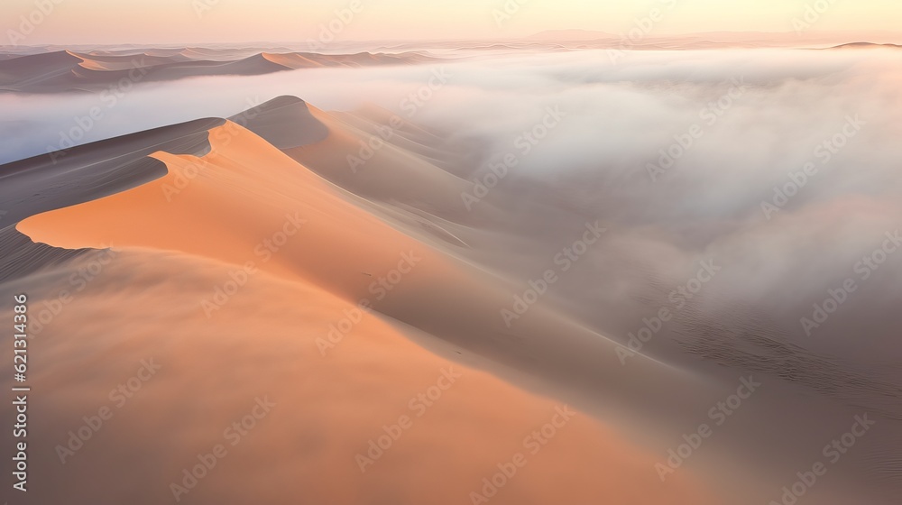 Drone shot of sand dunes covered in thick fog, sunrise at the Namib desert, in Namibia - view of the