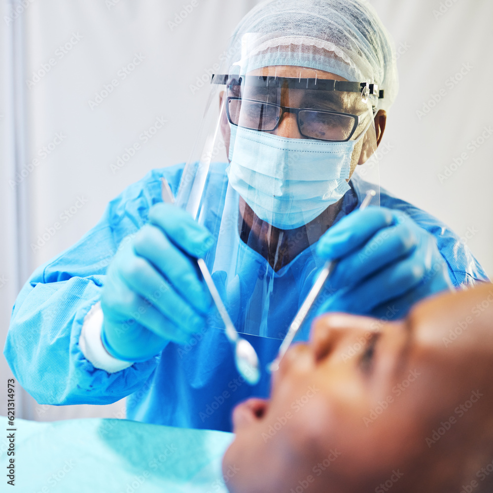 Dentist, consultation and man check patient mouth, dental healthcare and medical procedure at clinic