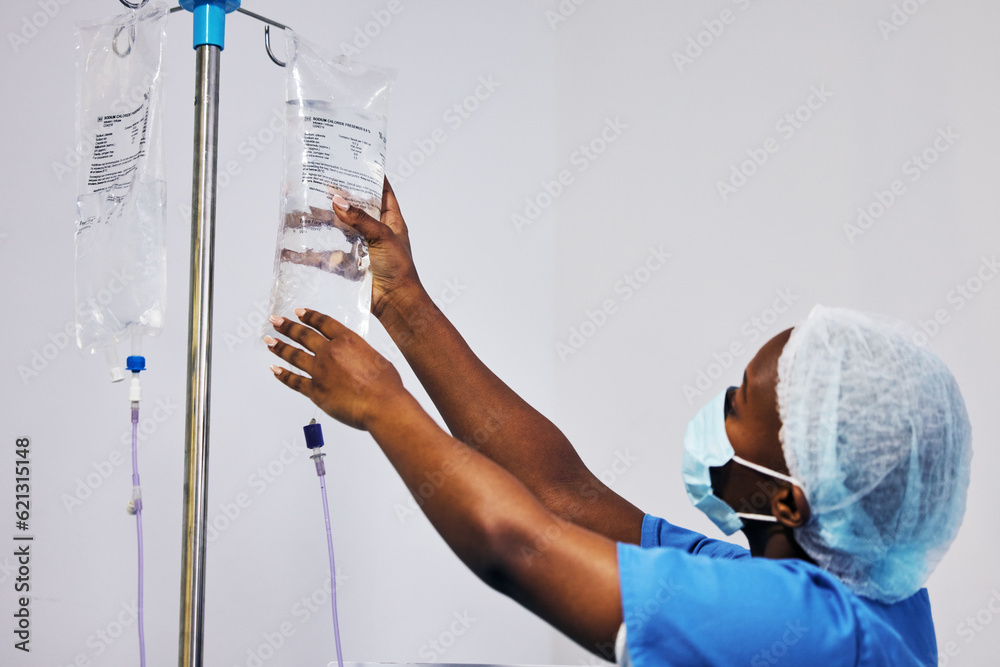 Hospital, nurse with face mask and black woman with iv drip medicine, fluid infusion or liquid injec