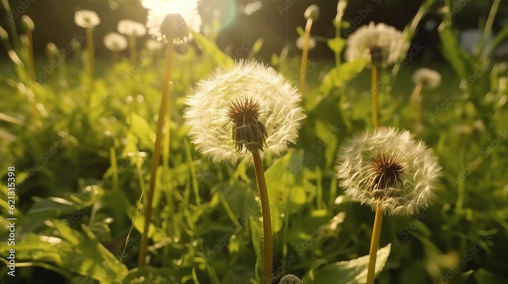 Macro Shot of Dandelions being blown in super slow motion. Outdoor scene with sun rays, Generative A