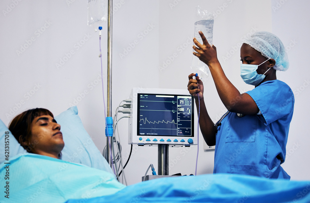 Hospital, nurse with face mask and iv drip for patient in bed, clinic or medical emergency, surgery 