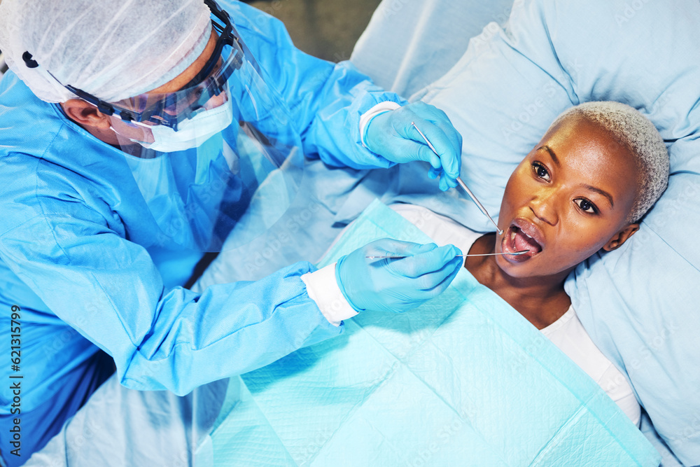 Dentist, woman and tools in mouth at clinic for cavity, teeth whitening and helping hand for pain. D