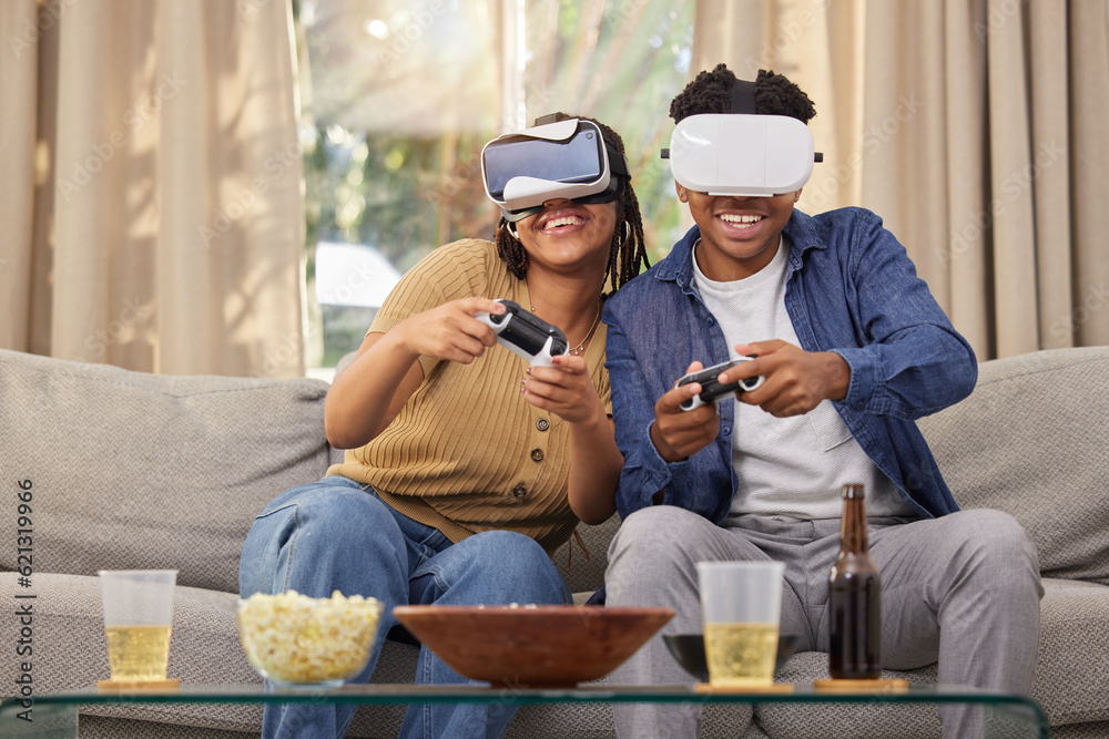 Couple, virtual reality and video games, esport and metaverse, people at home and futuristic gaming 