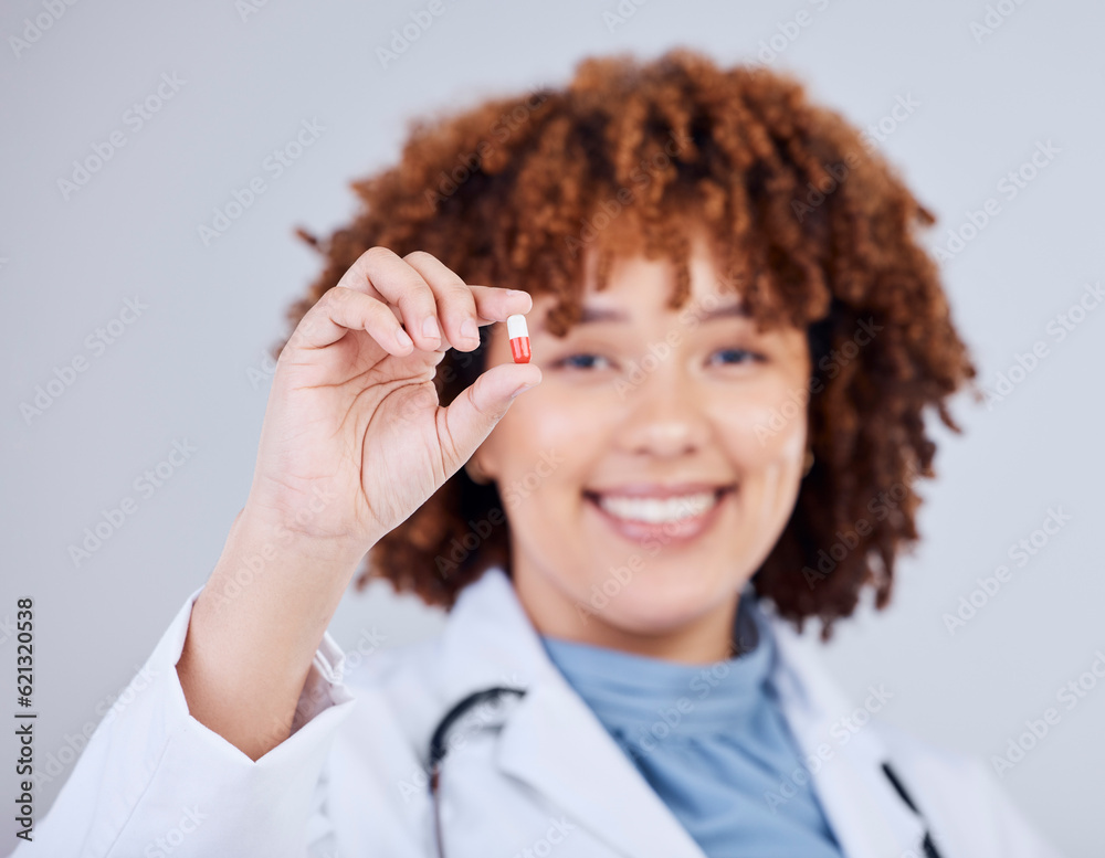 Medicine, pills and doctor with portrait of woman in studio for prescription, supplements or medical