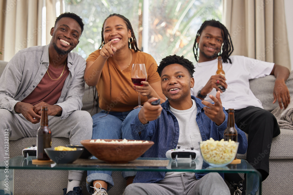 Television, relax and friends on a sofa with beer and popcorn for movie, film or streaming in their 