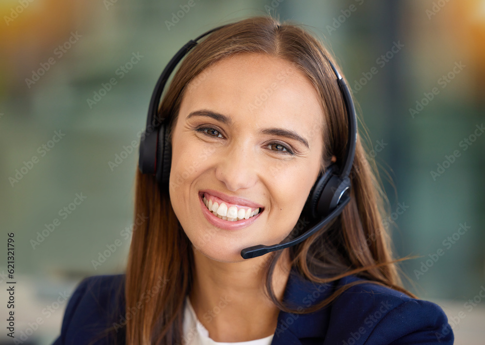 Call center, woman and smile in portrait for communication, customer service or contact us for CRM q