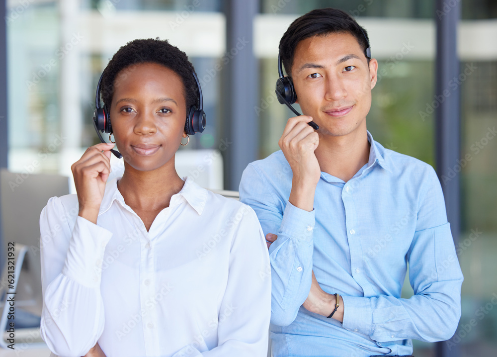 Portrait, call center and business people with headset in office consulting for crm, contact us or c