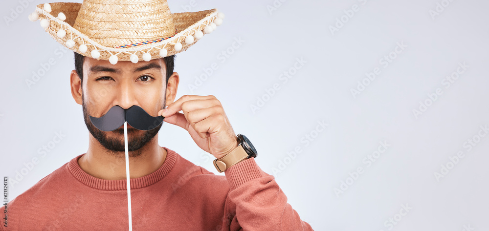 Photo booth mockup, sombrero and portrait of man with mustache for comic, humor and funny joke. Cost