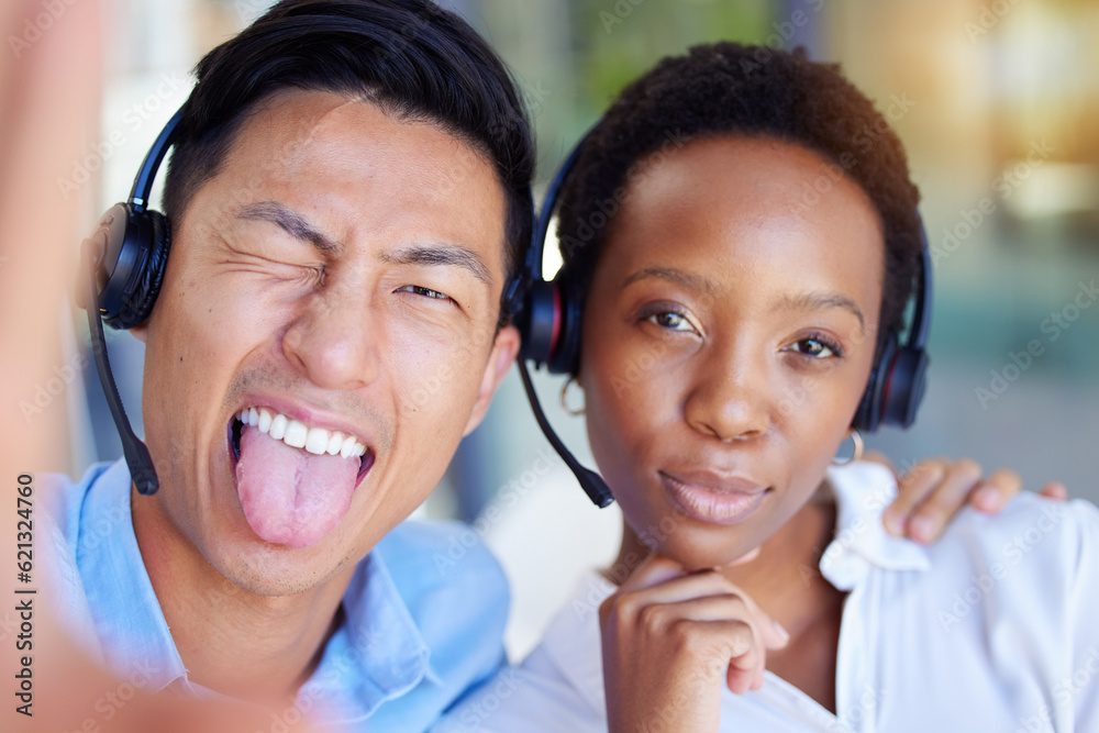 Call center, selfie and business people tongue out in office consulting for crm, contact us or custo