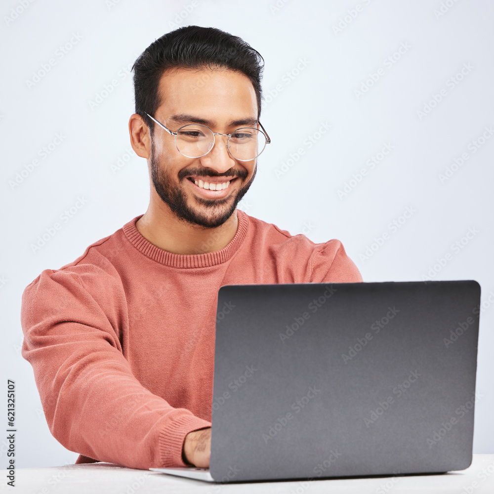 Laptop, IT and man with glasses in studio, white background and programming digital code. Happy asia