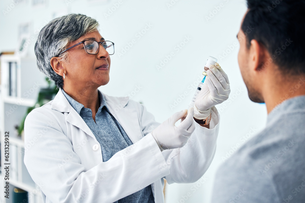 Senior doctor, woman and prepare with needle for patient for healthcare at hospital for treatment. C