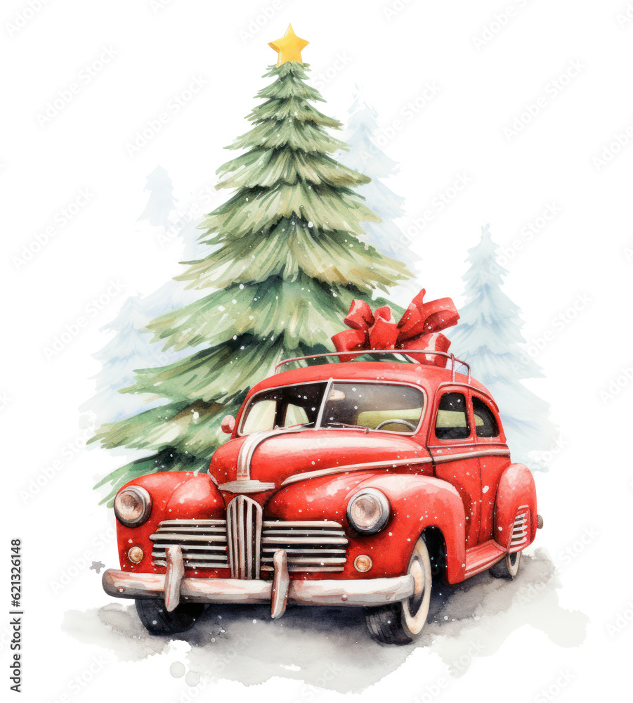 Cute Christmas watercolor retro car isolated. Illustration AI Generative