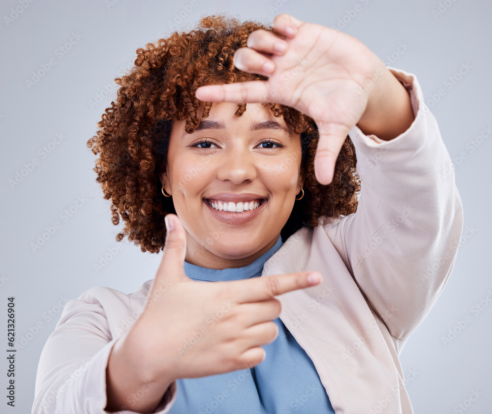 Hand, frame and happy woman portrait in studio with sign for photo, photography or fun picture on gr