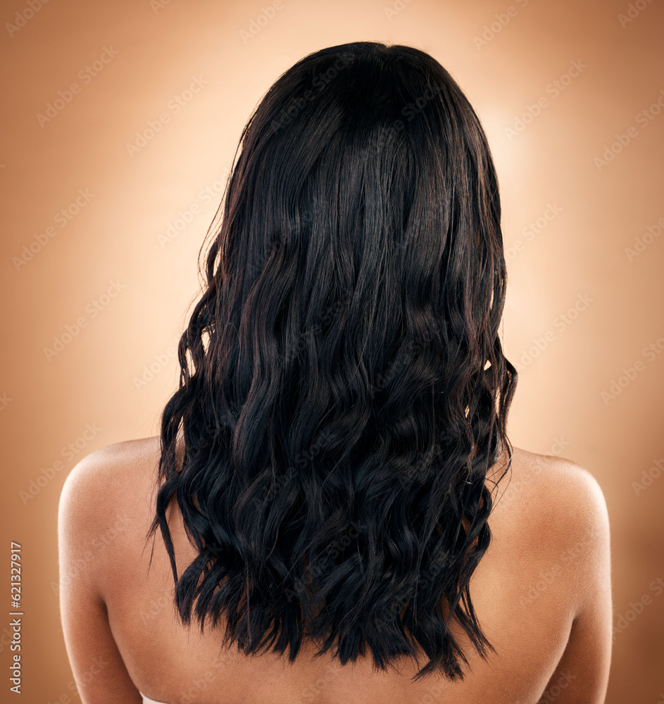 Hair, balayage and beauty, back view of woman with cosmetics and salon treatment on studio backgroun