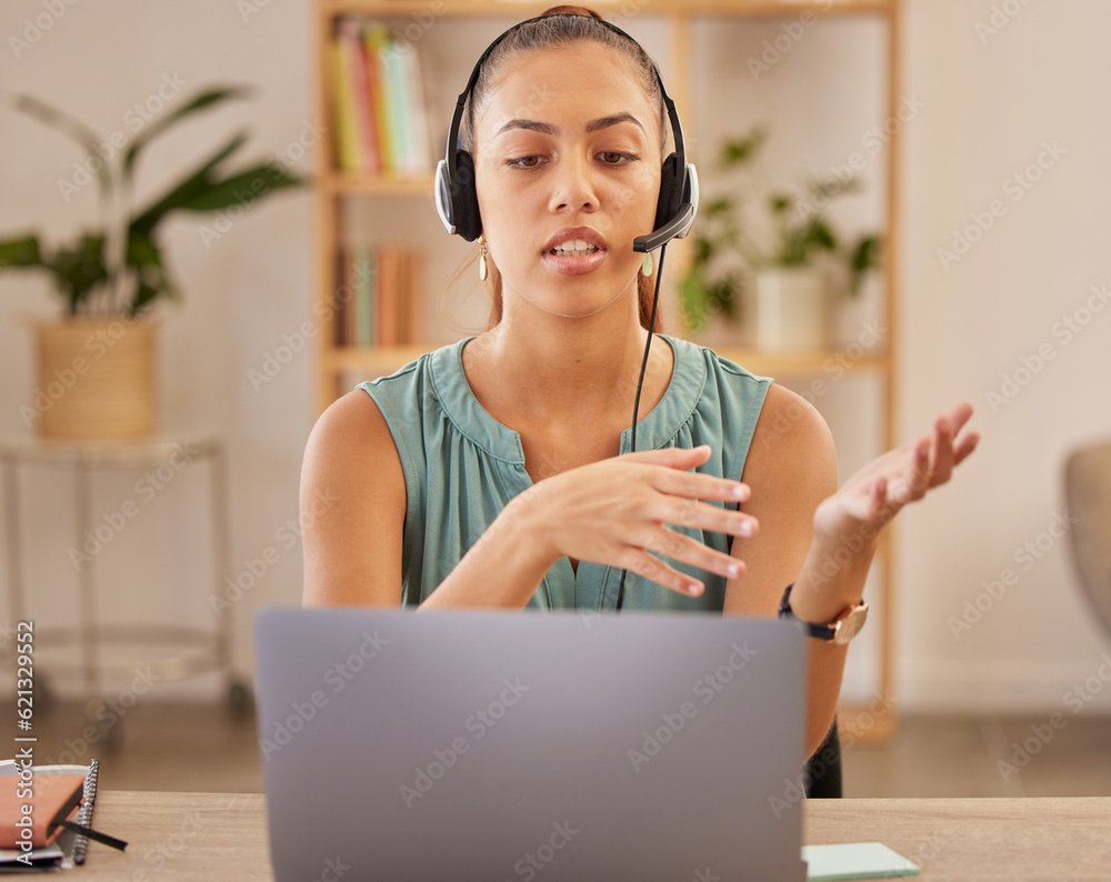 Laptop, remote work or woman with headphones in call center for ecommerce or telemarketing advice. C