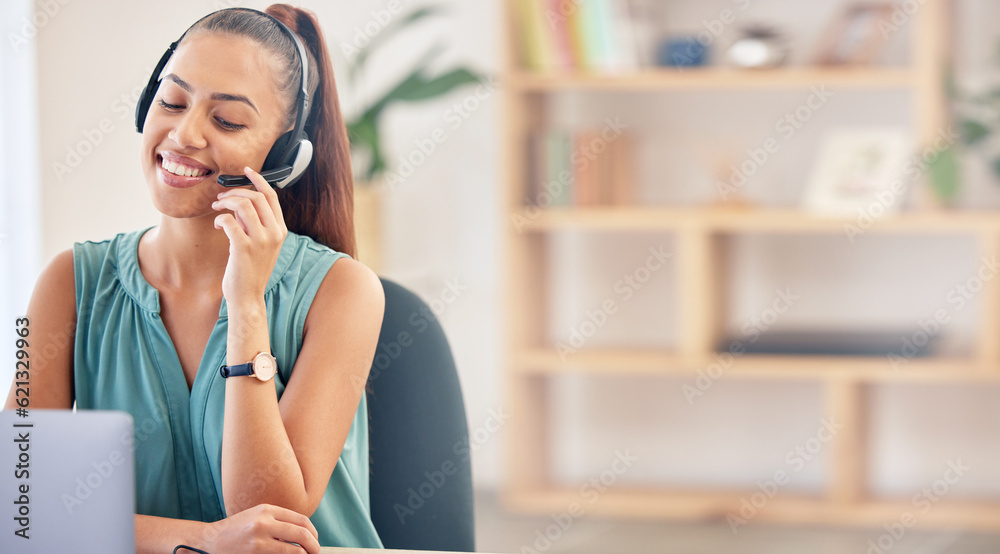 Laptop, remote work or happy woman with headphones in call center for ecommerce or telemarketing adv