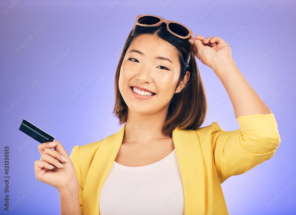 Credit card, shopping portrait and woman in sunglasses, retail banking and finance, e commerce or pa