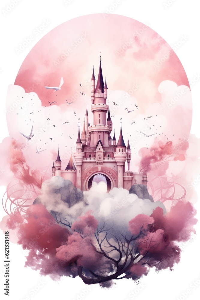 Cute watercolor princess castle. Illustration AI Generative.