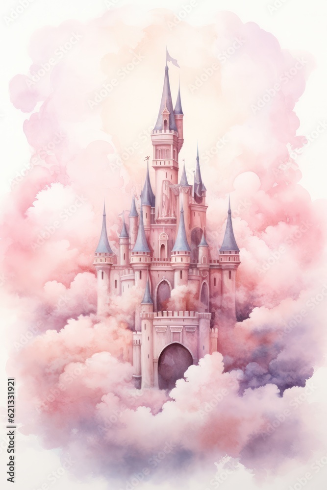 Cute watercolor princess castle. Illustration AI Generative.