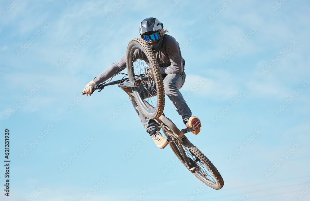 Extreme sports, bike jump and cyclist cycling a bicycle for competition stunt routine or training sp