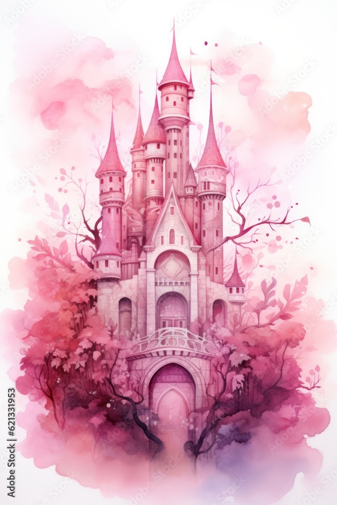 Cute watercolor princess castle. Illustration AI Generative.