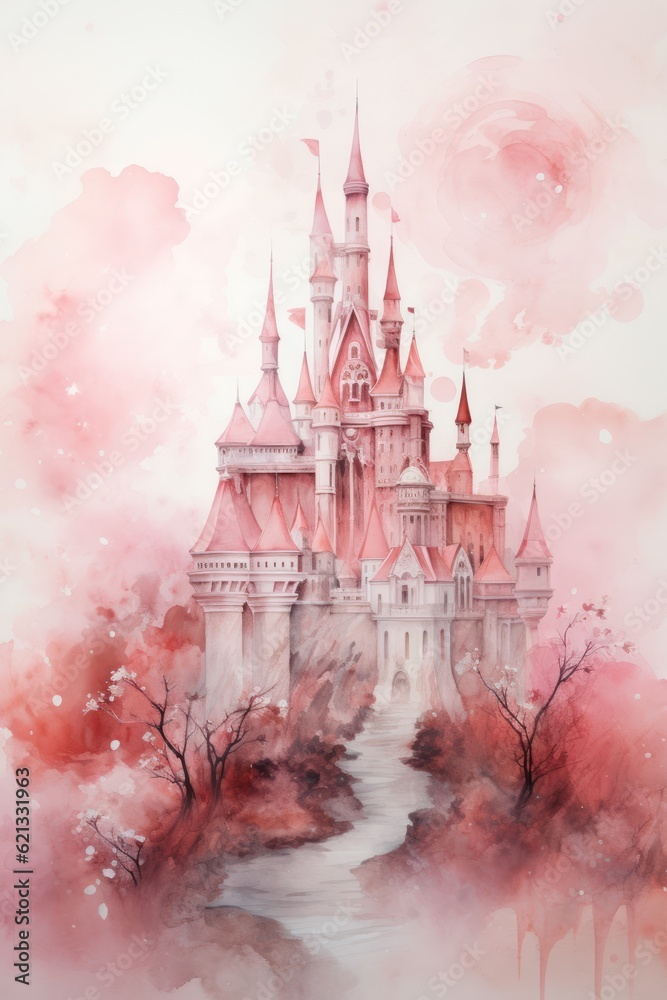 Cute watercolor princess castle. Illustration AI Generative.