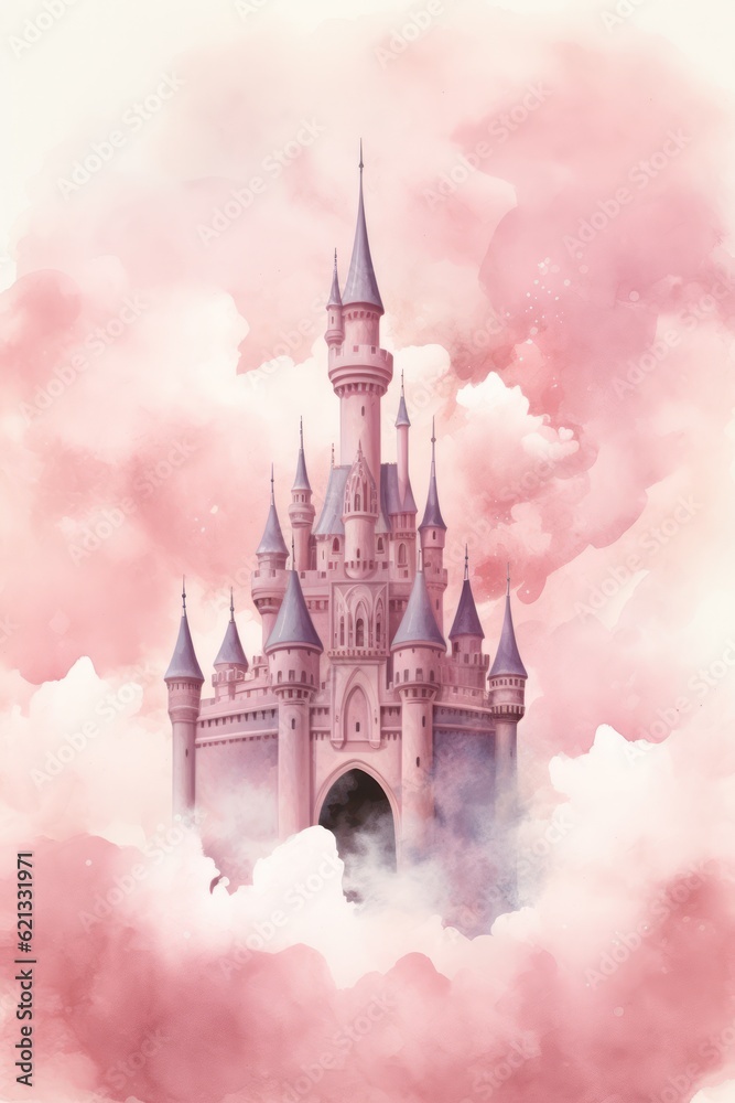 Cute watercolor princess castle. Illustration AI Generative.