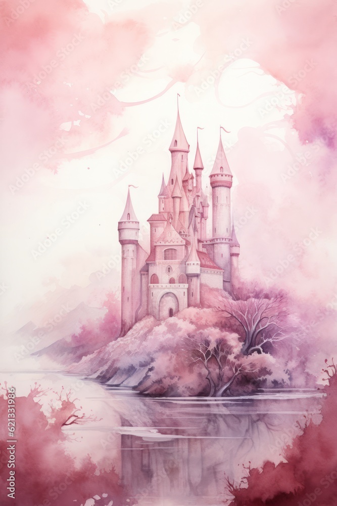 Cute watercolor princess castle. Illustration AI Generative.