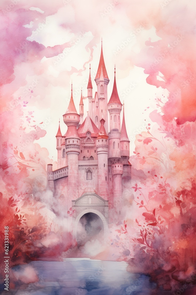 Cute watercolor princess castle. Illustration AI Generative.