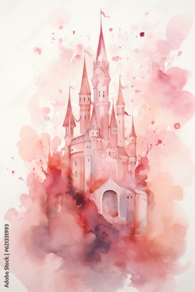 Cute watercolor princess castle. Illustration AI Generative.