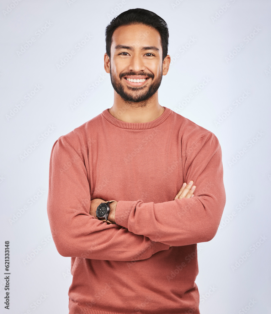 Portrait, happy or confident Asian man with arms crossed or smile in studio in casual fashion or clo