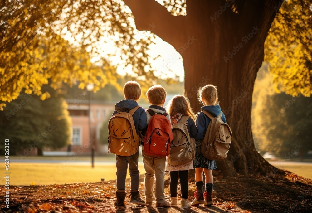 Group of children with rucksacks standing in the park