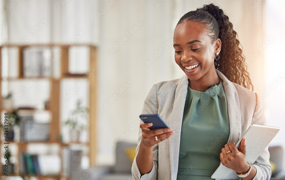 Happy black woman, phone and communication at office with smile in networking or social media. Afric