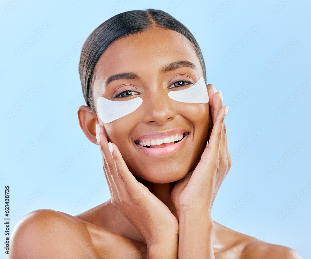 Glow, skincare and portrait of woman with patches for eyes, dark circles and treatment. Smile, face 