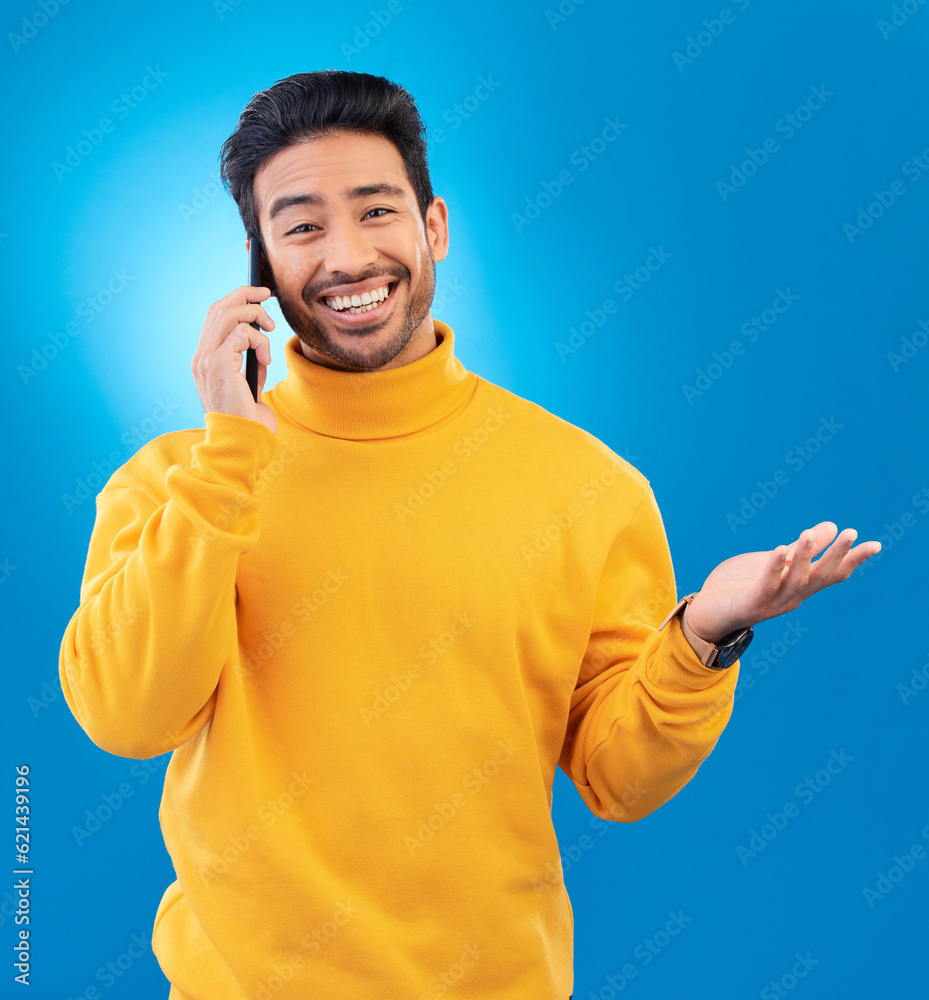 Happy, conversation and portrait of an Asian man on a phone call for communication and networking. S