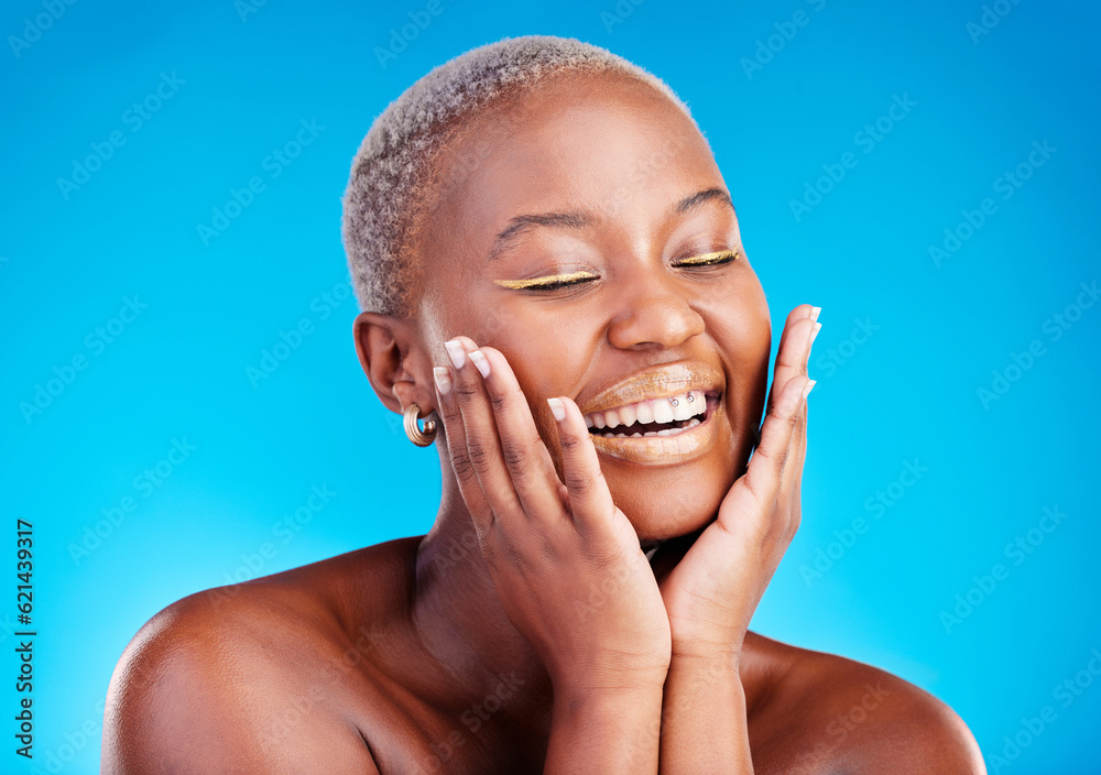 Face makeup, smile and happy black woman with facial application, aesthetic cosmetics and skincare h