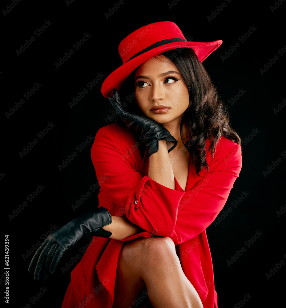 Woman, retro red fashion and glamour in studio with vintage beauty and wealth. Young female person, 