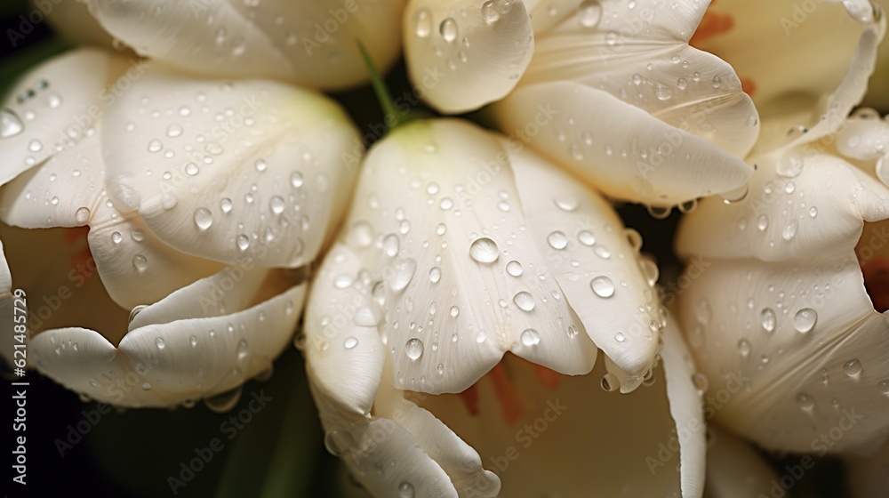 Creamy Tulips flowers with water drops background. Closeup of blossom with glistening droplets. Gene