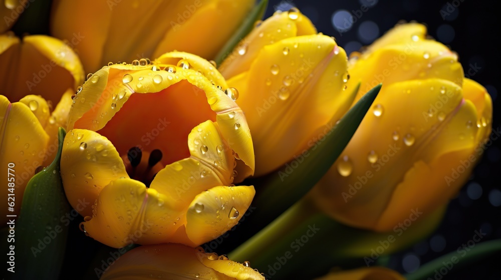 Yellow Tulips flowers with water drops background. Closeup of blossom with glistening droplets. Gene