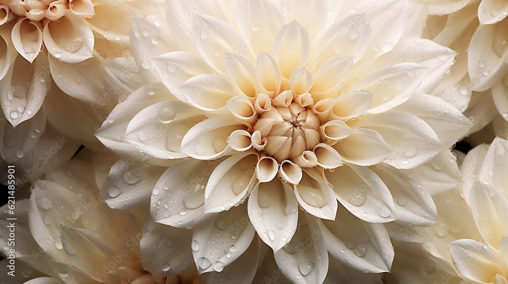 Creamy Dahlia flowers with water drops background. Closeup of delicate blossom with glistening dropl