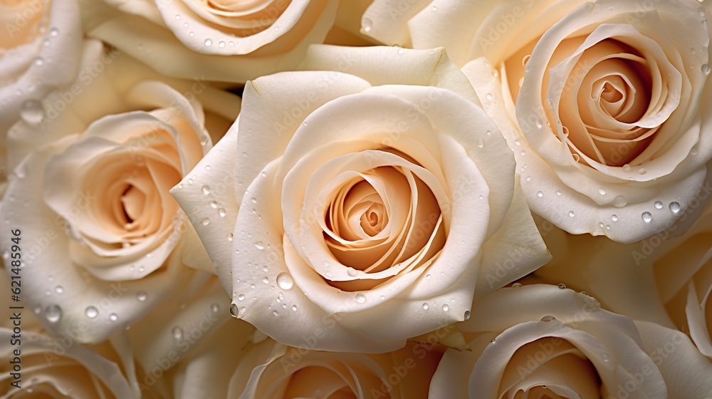 Creamy Roses flowers with water drops background. Closeup of blossom with glistening droplets. Gener