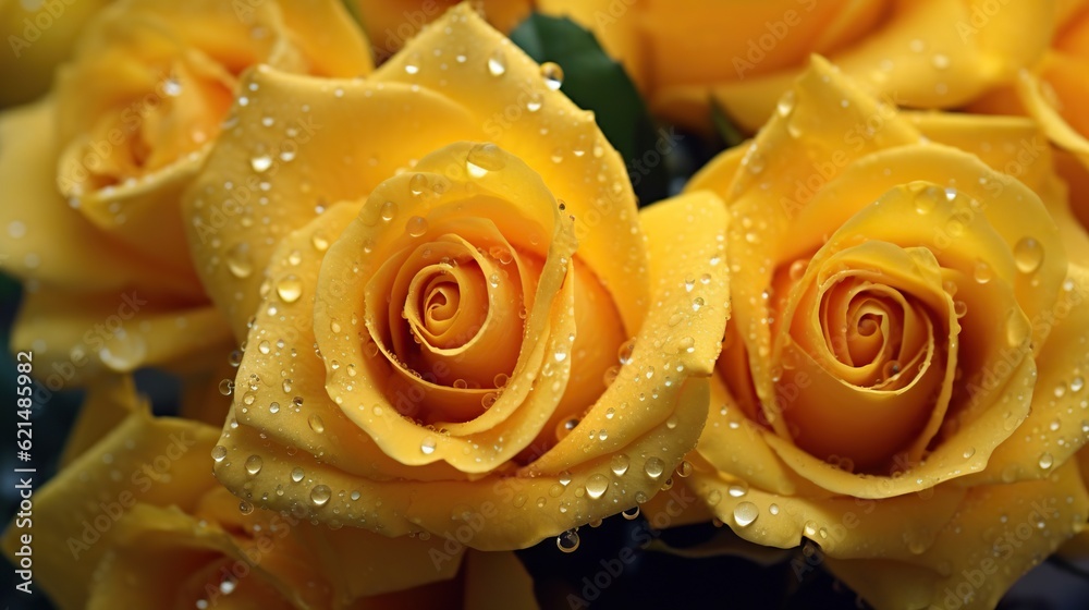 Yellow Roses flowers with water drops background. Closeup of blossom with glistening droplets. Gener