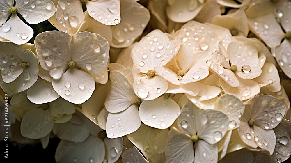 Creamy Hydrangeas flowers with water drops background. Closeup of blossom with glistening droplets. 