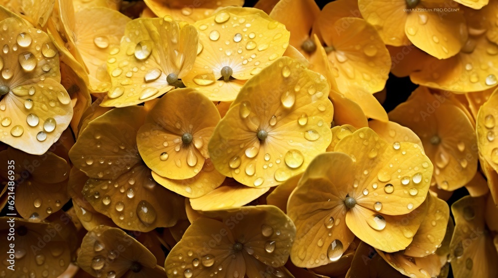 Yellow Hydrangeas flowers with water drops background. Closeup of blossom with glistening droplets. 