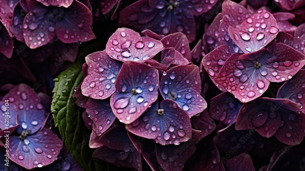 Purple Hydrangeas flowers with water drops background. Closeup of blossom with glistening droplets. 