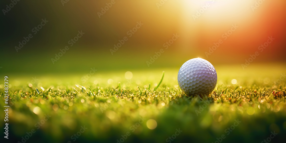 Close-up of golf ball on green grass of golf course, sunny day, blurred backdrop. Generative AI