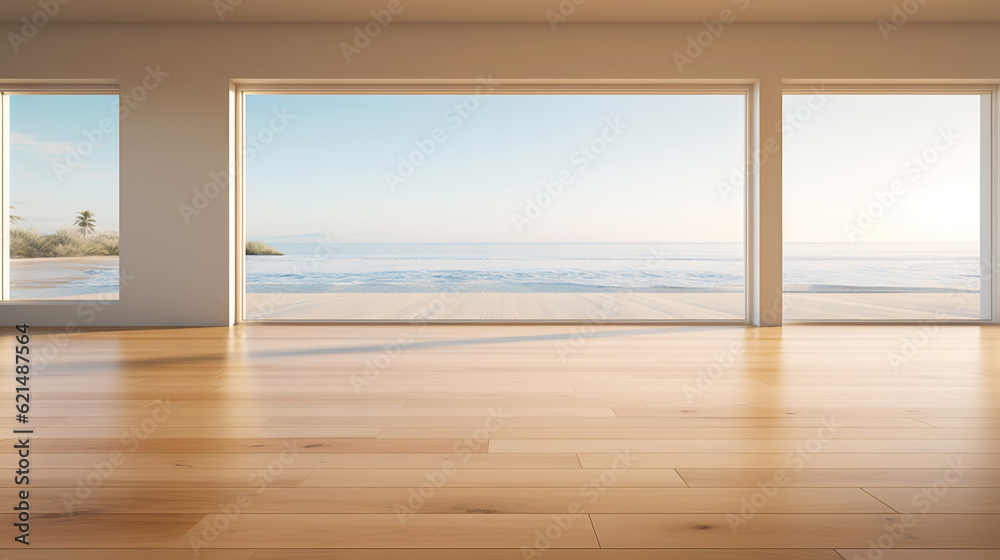 Empty apartment room with wooden floor of beach house. Sea view from windows. Copy space. Generative