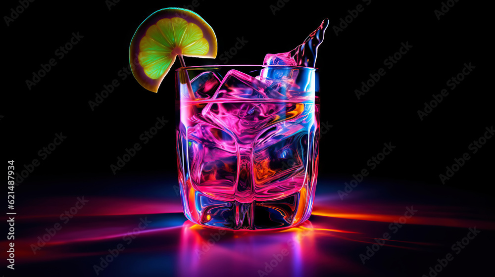 Glass of cocktail in hypnotic neon light. Colorful rave party drink. Generative AI