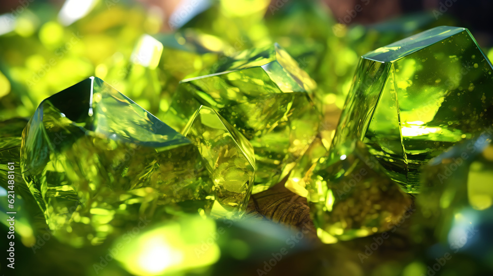 Amazing bright and shiny Olivine crystal cluster background. Jewel mineral detailed macro. Generativ